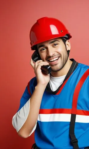 the man is wearing a red hard hat and talking on the phone,man talking on the phone,tradespeople,phonecall,arvinmeritor,telephone handset,call centre