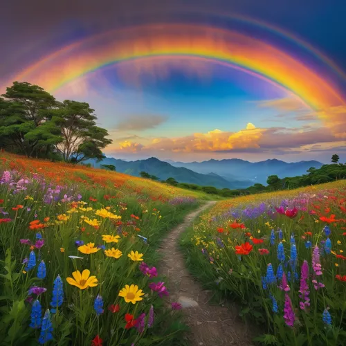 rainbow bridge,rainbow colors,flower meadow,splendor of flowers,harmony of color,meadow landscape,flower field,rainbow background,splendid colors,field of flowers,rainbow clouds,colors rainbow,the valley of flowers,rainbow,blanket of flowers,rainbow color palette,flowering meadow,rainbow rose,rainbow pattern,beautiful landscape,Conceptual Art,Daily,Daily 10