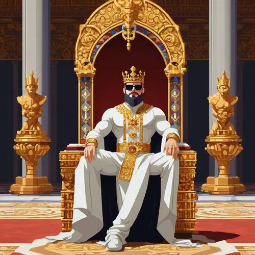 Majestic architectural king, muscular man, 35yo, short beard, sunglasses, crown, regal robes, golden ornaments, throne, grand palace, marble floor, high ceiling, stained glass windows, intricate carvi