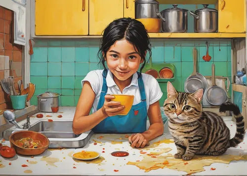 girl in the kitchen,girl with cereal bowl,domestic cat,girl with bread-and-butter,domestic animal,cooking book cover,cat drinking tea,oil painting on canvas,cat food,cooking oil,cookery,kitchen,woman eating apple,cat's cafe,oil painting,kitchen work,food preparation,kitchen counter,food and cooking,domestic life,Conceptual Art,Graffiti Art,Graffiti Art 04