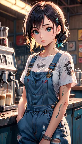 barista,waitress,coffee background,overalls,cafe,girl in overalls,espresso,coffee shop,bakery,bartender,woman at cafe,barmaid,street cafe,denim background,girl in the kitchen,café,paris cafe,mechanic,apron,cappuccino,Anime,Anime,Realistic