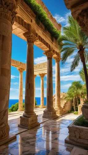 Ancient Carthaginian architecture, majestic stone columns, intricate carvings, ornate marble floors, grand staircase, imposing temple entrance, vibrant Mediterranean surrounding, bright blue sky, few 