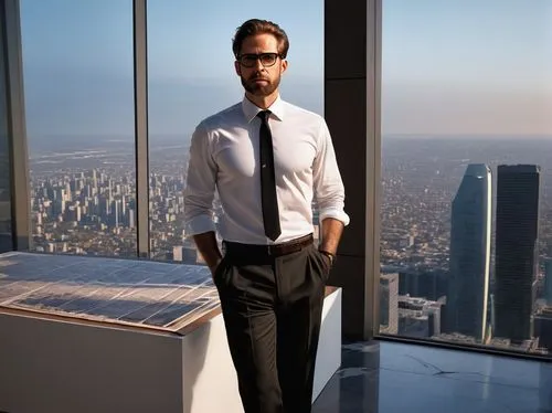 Middle-aged, male architect, glasses, messy brown hair, stubble beard, white shirt, black tie, formal pants, leather shoes, standing, holding blueprints, modern skyscraper, cityscape, urban, steel str