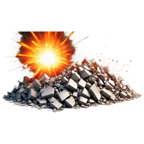 Dynamic explosion, smoke and flames, intense light burst, shattered glass debris, metallic scraps, concrete chunks, chaotic destruction, high-energy particles, 3D rendering, cinematic composition, dra