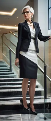 Modern architectural designer, mature lady, 30s, elegant short hair, glasses, professional attire, black blazer, white shirt, pencil skirt, high heels, standing, gesturing, commercial interior, office