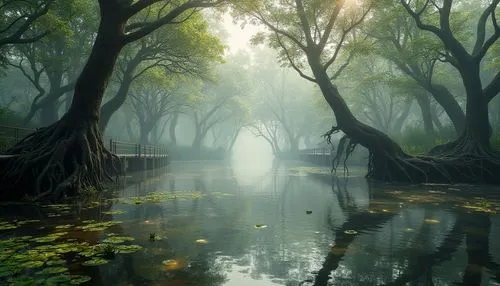 Wetland environments, misty morning, shallow water reflections, twisted cypress trees, tangled mangrove roots, vibrant green foliage, delicate water lilies, subtle ripples on the water surface, wooden