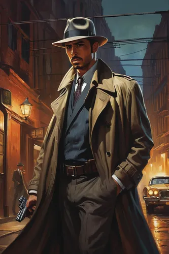 detective,mafia,investigator,al capone,private investigator,indiana jones,spy,overcoat,film noir,fedora,inspector,casablanca,gunfighter,holmes,gentleman icons,man holding gun and light,sci fiction illustration,spy visual,trench coat,cg artwork,Conceptual Art,Fantasy,Fantasy 15