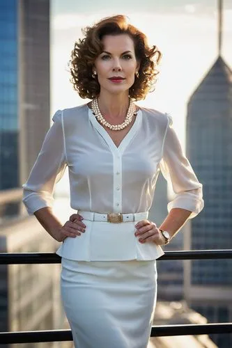 Charlotte Taylor, mature lady, elegant, 35yo, curly brown hair, subtle makeup, pearl necklace, white blouse, black pencil skirt, high heels, standing, confident pose, modern skyscraper, glass and stee