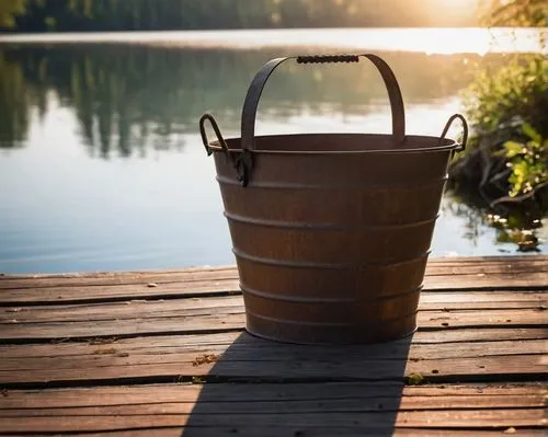 Old, rusty, metal bucket, many small holes, corroded surface, worn-out handle, still holding clear water, slight ripples on the surface, morning sunlight, warm ambient light, peaceful atmosphere, wood