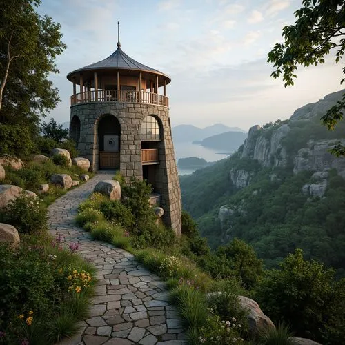 Watchtower surrounded by lush greenery, winding stone pathways, natural rock formations, rustic wooden accents, panoramic views, misty mornings, soft warm lighting, atmospheric perspective, 1/1 compos