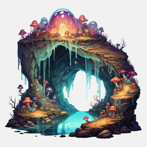 2d side sprite of a jelly colored spooky cave landscape scene, transparent background,a drawing of a cave with trees, rocks and mushroom growing around,fairy village,caverns,mushroom landscape,mushroo