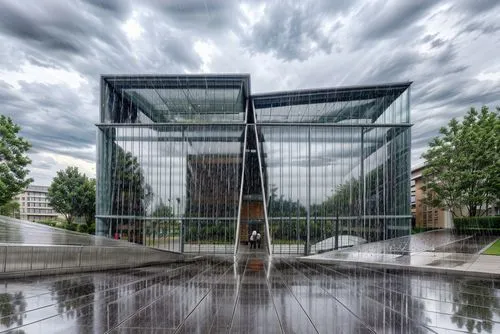 (raining day:1.5),glass facade,glass facades,glass building,structural glass,chancellery,glass panes,glass wall,kettunen center,biotechnology research institute,mirror house,business school,glass bloc