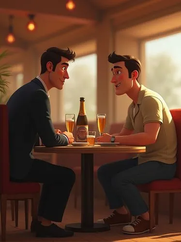 At a table in a restaurant sits a guy dressed in a suit and a guy dressed in jeans and shirts. On the table there is a glass of champagne and a bottle of beer, pixar style,two men sitting at a table a