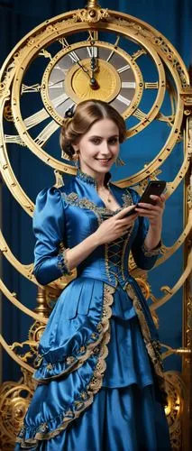 woman holding a smartphone,tock,girl with a wheel,daguerreotypes,daguerreotype,colorization,gyroscope,clockmaker,astrolabe,astronomical clock,colorizing,charlotta,spinning wheel,reading magnifying glass,stargates,belle,victorian lady,om,victorianism,grandfather clock,Photography,General,Realistic