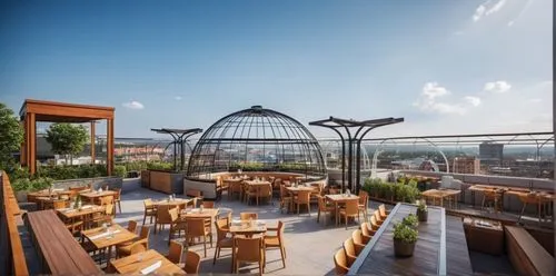 outdoor rooftop restaurant,a restaurant with tables, wooden chairs and benches overlooking the city,roof terrace,roof garden,skybar,sundeck,terrasse,hoboken condos for sale,patios,outdoor dining,terra