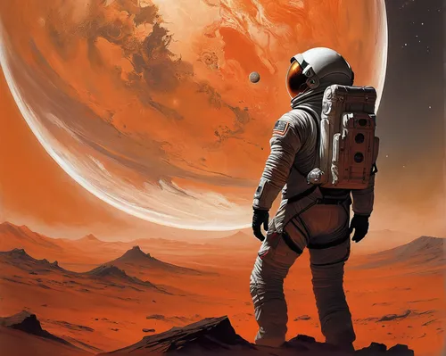 red planet,mission to mars,space art,planet mars,sci fiction illustration,astronaut,martian,spacesuit,astronautics,space suit,mars i,lunar landscape,space-suit,gas planet,olympus mons,vast,space voyage,earth rise,robot in space,fire planet,Illustration,Realistic Fantasy,Realistic Fantasy 16