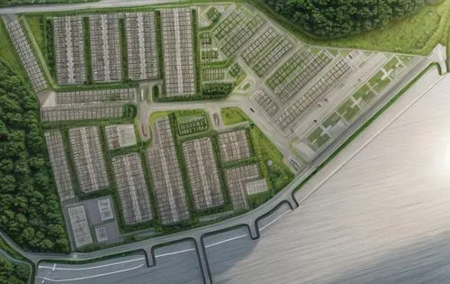 Improve site master plan, preserve trees and cars and maintain gray tones,an aerial view of the lot for residential units,solar farm,solar power plant,solar cell base,ecoterra,solar field,solarcity,La