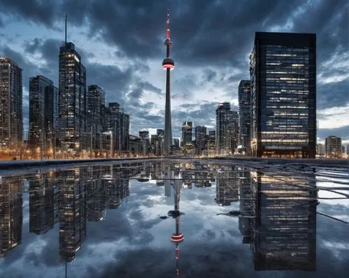 Toronto cityscape, modern architecture, glass skyscraper, steel structure, reflective windows, urban landscape, competition billboard, Canada flag, bustling street, evening atmosphere, warm lighting, 