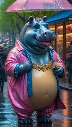 On a rainy day in Paris, Disney Pixar chubby Hippopotamus Beautiful fitnudeWoman in a glass outfit in a busy shopping street, Long updo hair, fine jewelry, trees, flowers, Pink lips, Perfect Body, Per