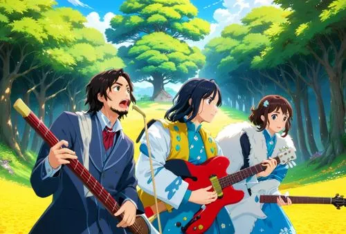 the three magi,rock band,haruhi suzumiya sos brigade,free fire,music band,musketeers,game illustration,musicians,violin family,swordsmen,a3 poster,orchestra,anime cartoon,beatles,yamada's rice fields,wedding band,three kings,scouts,monkeys band,shamisen,Anime,Anime,Traditional