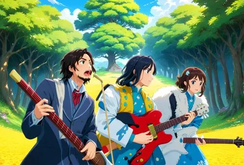 the three magi,rock band,haruhi suzumiya sos brigade,free fire,music band,musketeers,game illustration,musicians,violin family,swordsmen,a3 poster,orchestra,anime cartoon,beatles,yamada's rice fields,