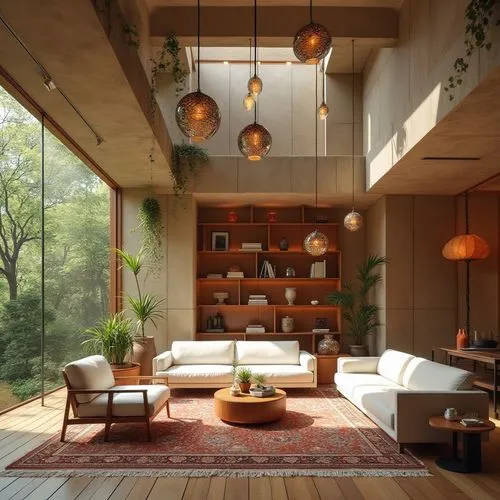 lights shafts in ceiling, interior plants, intricate spaces, designed by Tadao Ando, all terracotta tiles, hanging akari lamps, in the style of brutalism, concrete, wood floors, five colourful organic