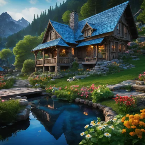 Blue Mountain,  wooden house, flowers are blooming,  stone pond ,house in mountains,house in the mountains,summer cottage,home landscape,alpine village,the cabin in the mountains,cottage,beautiful hom