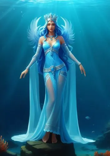 2D concept art, Achaemenid goddess Anahita, guardian of water, beautiful, long blue hair, long sleeve See-Through Achaemenid dress, silver crown, highly detailed, no background,a mermaid wearing a blu