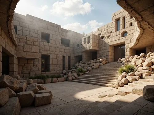 Rugged amphitheater, brutalist architecture, rough-hewn stone walls, exposed concrete structures, natural lighting, warm sunlight, dramatic shadows, grand staircase, open-air gathering space, minimal 