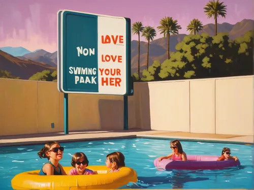 Create a sign with a humorous twist: We love your enthusiasm, but no swimming here, sorry. Check out the nearby water park instead!,holiday motel,motel,swimming pool,life saving swimming tube,swimming