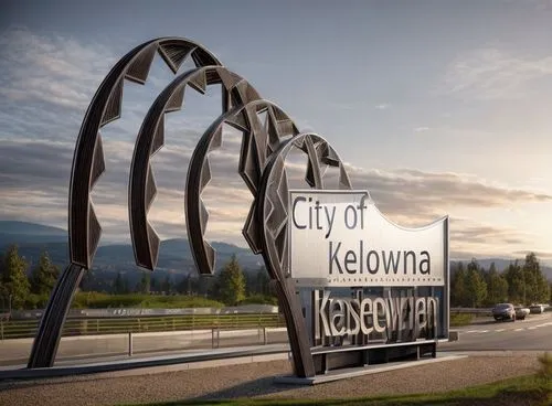 Entry sign for the city of Kelowna, roadside sign. Sign next to busy highway. Corten steel. ,city sign,welcome sign,place-name sign,alcan highway,bicycle sign,alberta,construction sign,address sign,hi