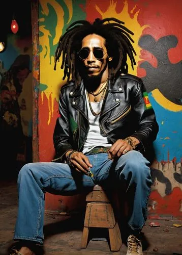 Rastafarian man, Bob Marley, solo, reggae legend, dreadlocks, relaxed facial expression, sunglasses, gold chain, black leather jacket, white shirt, ripped blue jeans, bare feet, sitting on a wooden st