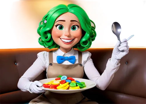 Potato head, cartoon style, rounded body, smiling face, bright eyes, green stem hair, freckles on cheeks, white gloves, colorful buttons on chest, holding a spoon, sitting on a plate, warm lighting, s