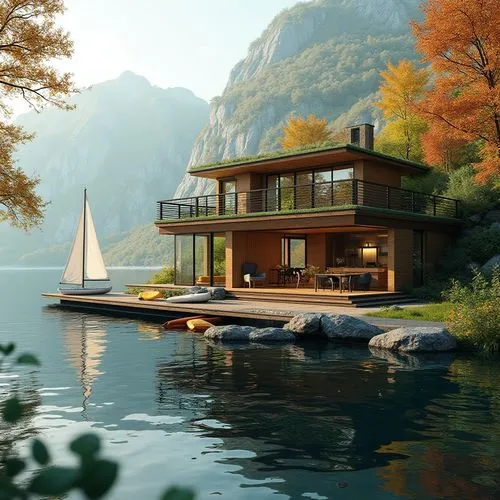 house by the water,house with lake,houseboat,floating huts,houseboats,boat house,summer cottage,beautiful home,boathouse,deckhouse,house in the mountains,inverted cottage,dreamhouse,summer house,cottage,chalet,holiday home,house in mountains,luxury property,the cabin in the mountains,Photography,General,Realistic