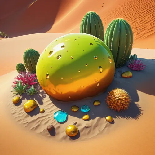 slime, rancher, gilded ginger, golden, vegetable, rare, Glass Desert, hidden among sand dunes, sparkling effect, treasure pod, daytime, soft sunlight, desert flora, cacti, rock formations, vibrant col