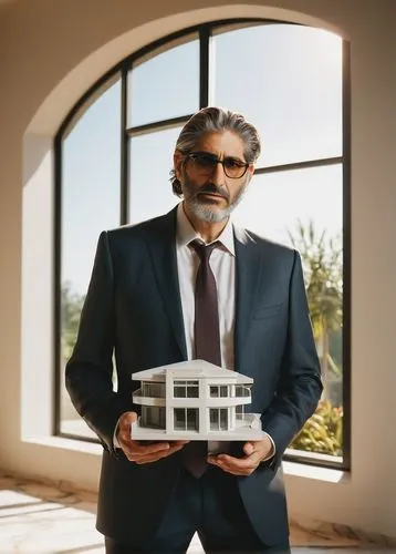 Michael Imperioli, mature man, 50yo, beard, glasses, balding hair, suits, white shirt, tie, holding architectural model, standing, indoor, modern villa, large windows, minimalist decor, marble floor, 