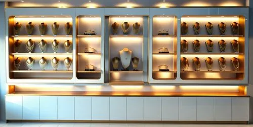 jewellery store display wall,there are many silver and gold vases on the shelves,wine bottle range,wine rack,champagne bottles,shoe cabinet,minibar,wine bar,Photography,General,Realistic