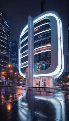 Exterior, modern architecture, futuristic building, white foam structure, curved lines, sleek design, metallic accents, glass windows, LED lights, urban cityscape, night scene, bright neon lights, ref