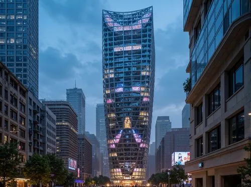 Futuristic skyscraper, neon-lit cityscape, iridescent glass fa\u00e7ade, parametric architecture, angular metal framework, holographic advertisements, levitating walkways, atmospheric lighting, misty 