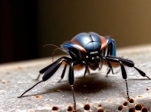 the insect runs fast over the concrete floor and transforms into a blue creature with 1000 compound eyes and 20 insect wings and lot of hairs,glossy black wood ant,monomorium,black ant,anansi,lycaonia