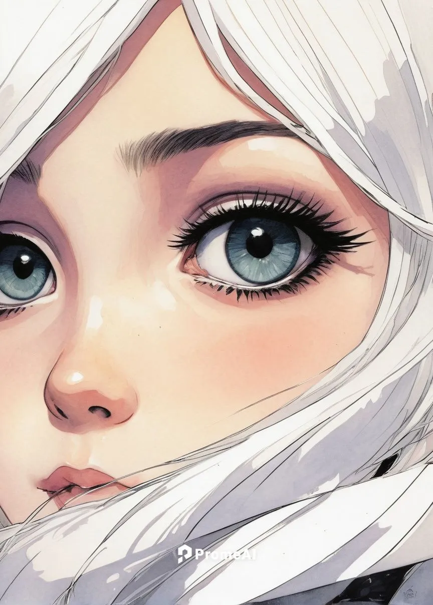 Illustrate anime eyes full of innocence and curiosity.,pupils,white fox,white rose snow queen,closeup,blanche,pupil,mayeux,white bird,coloring,ororo,the snow queen,eyes line art,ashe,khatuna,white fur