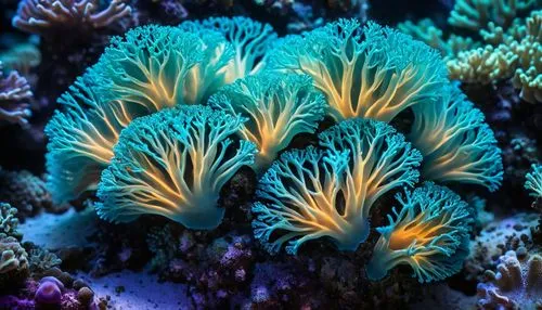 macrophotograph, beautiful bioluminescent blue glow quantum  sea coral polyp on the reef, natural lighting, light-focused, amateur shot,blue anemones,blue anemone,sea anemones,anemones,large anemone,s