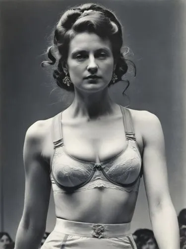 A single Mum on the catwalk, presenting underwear,the model has a  and is posing for the camera,ilsa,vintage female portrait,myrna,ingrid bergman,shashkova,lilian gish - female,vintage woman,1940 wome