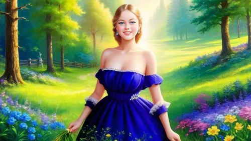 Romantic masterpiece oil painting, cute girl portrait, nostalgic 1950's style kitsch, beautiful spring meadows landscape, American forest national park scenery, by Thomas Kinkade, by Bob Ross, high re