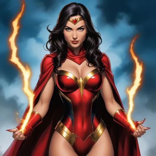 Feiticeira Scarlate, mostrando seus superpoderes,a woman in red and gold outfit is shown standing with flames,darna,wonderwoman,super woman,wonder woman,super heroine,flamebird