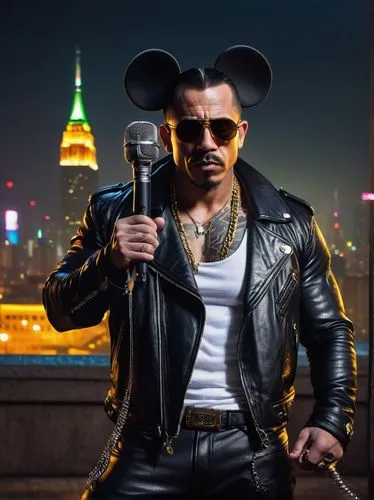 Gangster Mickey Mouse, mature man, muscular build, tattoos on arms, black leather jacket, white shirt, black pants, gold chain, sunglasses, smug expression, holding a microphone, standing in front of 