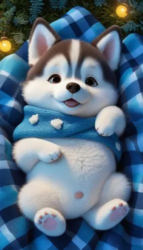 A cute baby husky, fat, round head, closed eyes, laying on blue plaid blanket, sleepy, magical forest, at night time, dreamy Pixar style,pomeranian,akita inu,tummy time,samoyed,shiba,husky,bean bag ch