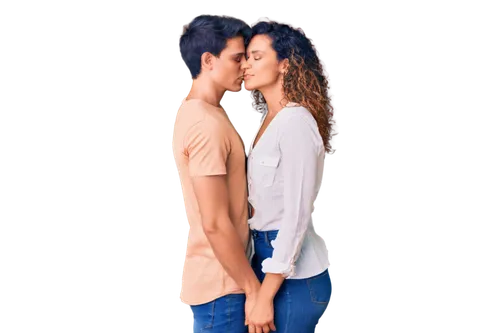 Young adult couple, intimate embrace, soft kiss, gentle facial expression, sparkling eyes, romantic atmosphere, tender fingers intertwined, white shirt, blue jeans, casual wear, natural hair, subtle m