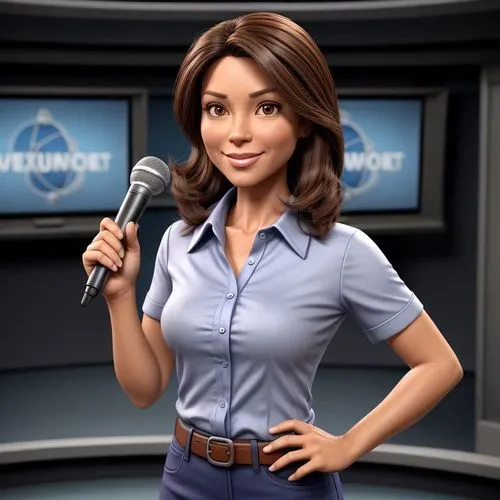 cartoon character, reporter in the news studio, talks about the news of the day holding the microphone, friendly woman, 35 year old Brazilian, medium length brown hair and striking brown eyes, has a g