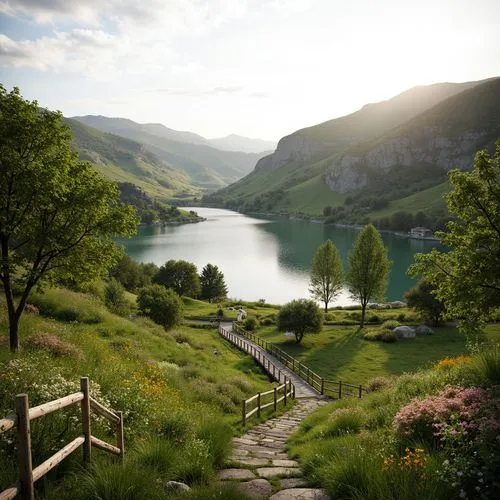 Sweeping hills, lush green meadows, serene lake views, rustic wooden bridges, natural stone pathways, vibrant wildflowers, blooming trees, soft warm lighting, shallow depth of field, 3/4 composition, 